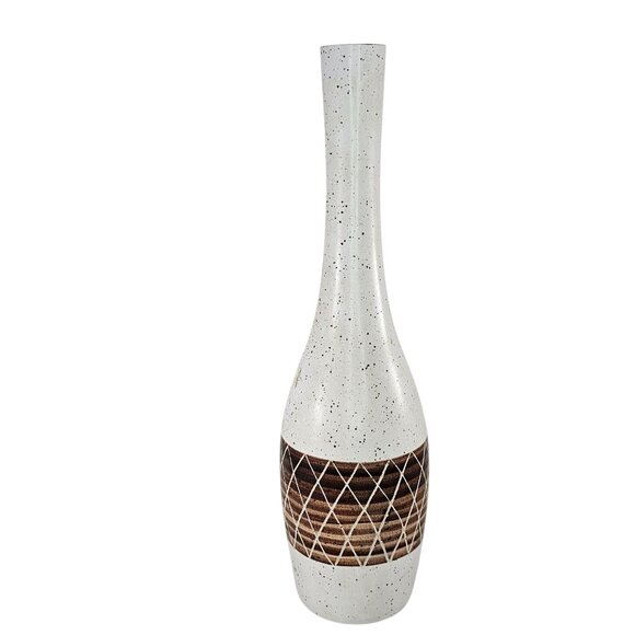 Tall Raymor Ceramic Vase With Brown Diamond Pattern & Speckled White Glaze - Picture 3 of 11